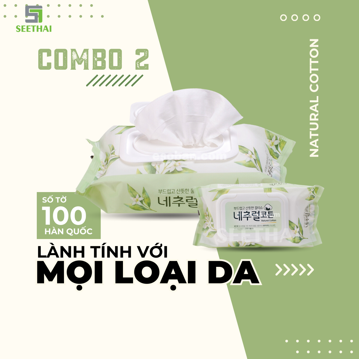 Khăn ướt NATURAL COTTON Hàn Quốc 100 tờ