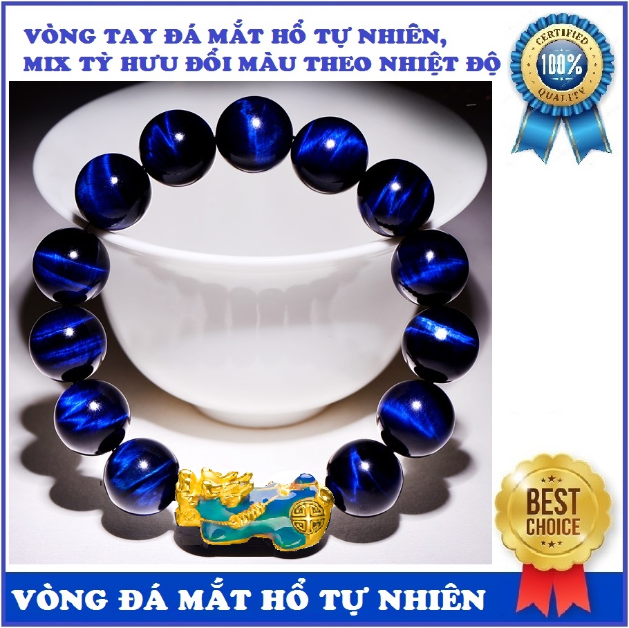 [HCM]Vòng tay đá mắt hổ xanh đậm tự nhiên 12mm cao cấp mix tỳ hưu đổi màu theo nhiệt độ cơ thể vòng phong thủy tốt cho sức khỏe mang lại may mắn tài lộc