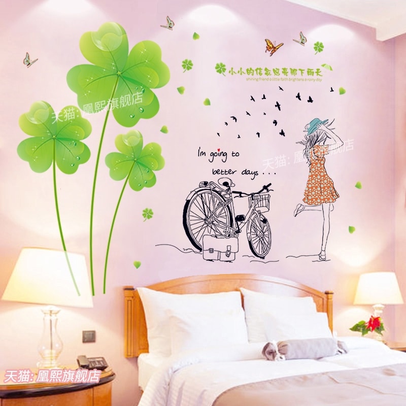 Decal dán tường hoa 4 lá xanh và cô gái xe đạp