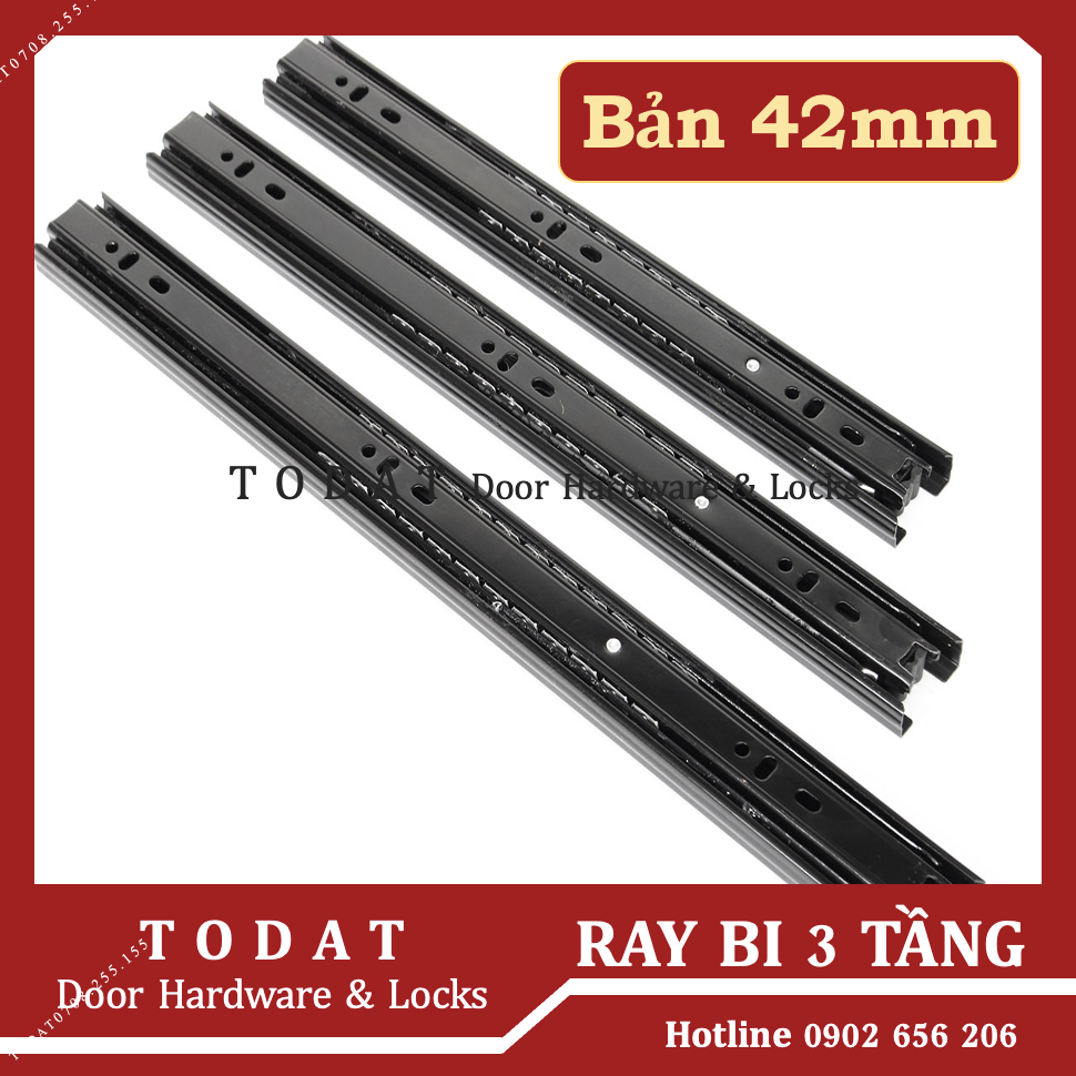 Bộ 2 thanh ray trượt hộc tủ 3 bi 3 tầng màu đen bản 42mm