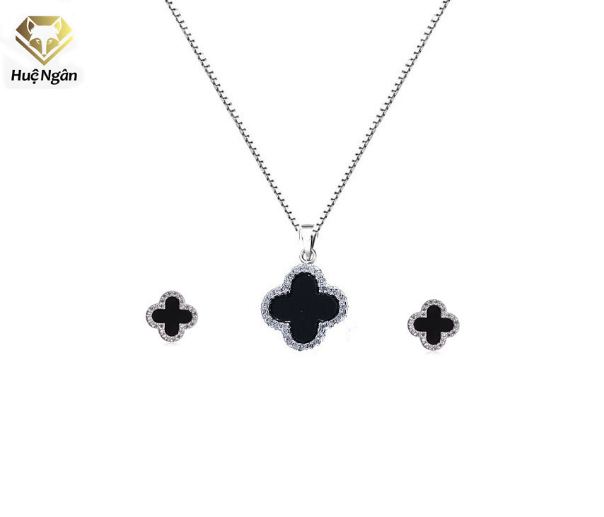 Bộ dây chuyền liền mặt và bông tai trang sức bạc ý s925 bạc xinh - cỏ bốn lá may mắn pp1511-rye140928