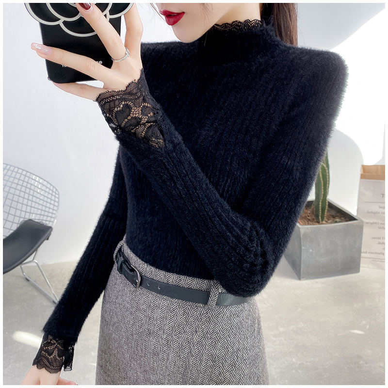 Áo Len Nữ Quảng Châu Đẹp Tay Dài Cổ Lọ Cao Phối Ren Cho Mùa Đông Hot Hit