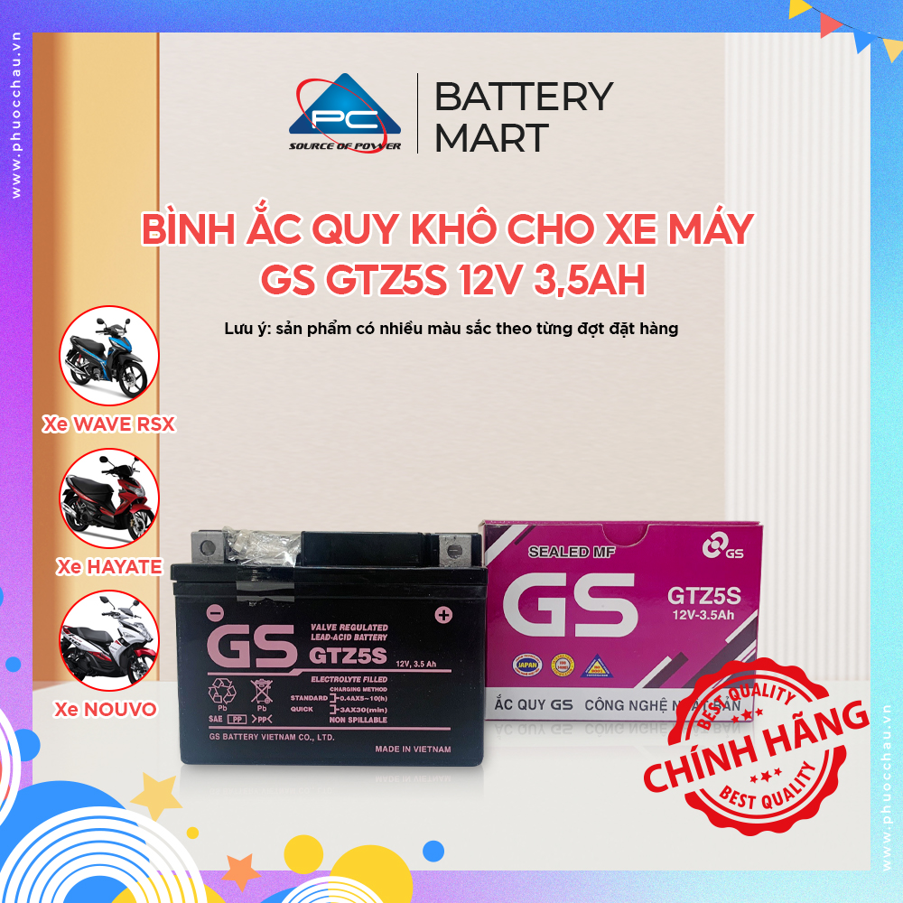 Ắc quy khô GS GTZ5S 3,5Ah Wave RS Rsx Rsv S Nouvo456 Airblade110 Hayate X-Bike SKY Exciter Luvias Cub acquy Yuasa