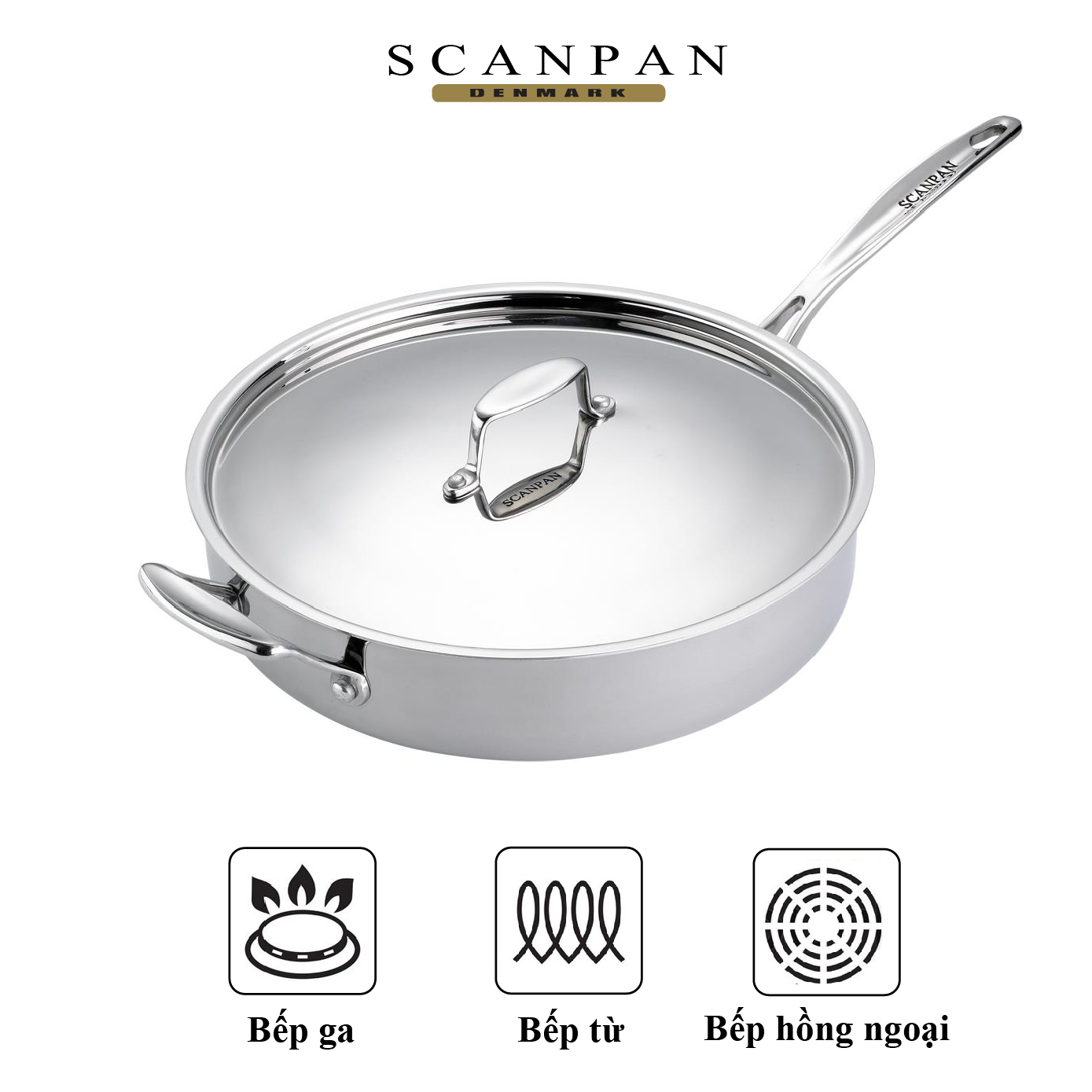 Chảo xào inox đáy từ Scanpan Fusion5 26cm 74102600 có nắp, thiết kế 5 lớp đúc liền truyền nhiệt nhanh và đều, dùng được máy rửa bát