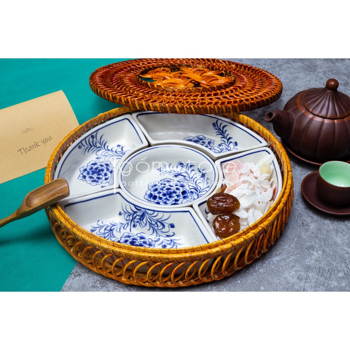 Khay mứt tết sứ Bát Tràng vỏ khay mây đan thủ công (Tổng hợp họa tiết 01)