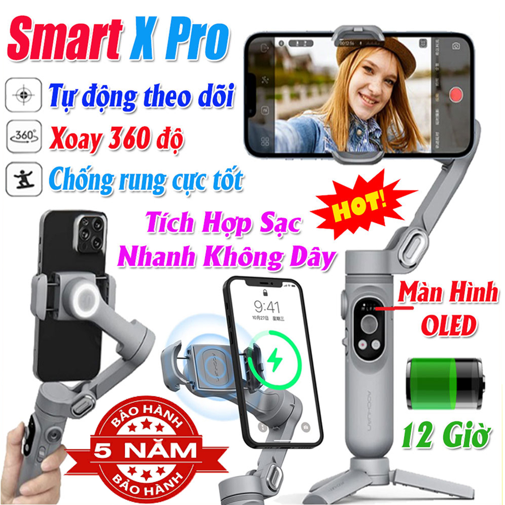 Gimbal SMART X-PRO Chống Rung Cho Điện Thoại Giá Rẻ, Tay Cầm Chống Rung Cho Điện Thoại Quay Phim Chụp Ảnh, Thiết Bị Hỗ Trợ Tay Cầm Cho Điện Thoại Tự Động Cân Chỉnh, Chuyển Cảnh Mượt Mà, Theo Dõi Khuôn Mặt, Xoay 360 Độ