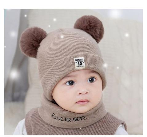 Set mũ 2 quả bông kèm khăn cho bé