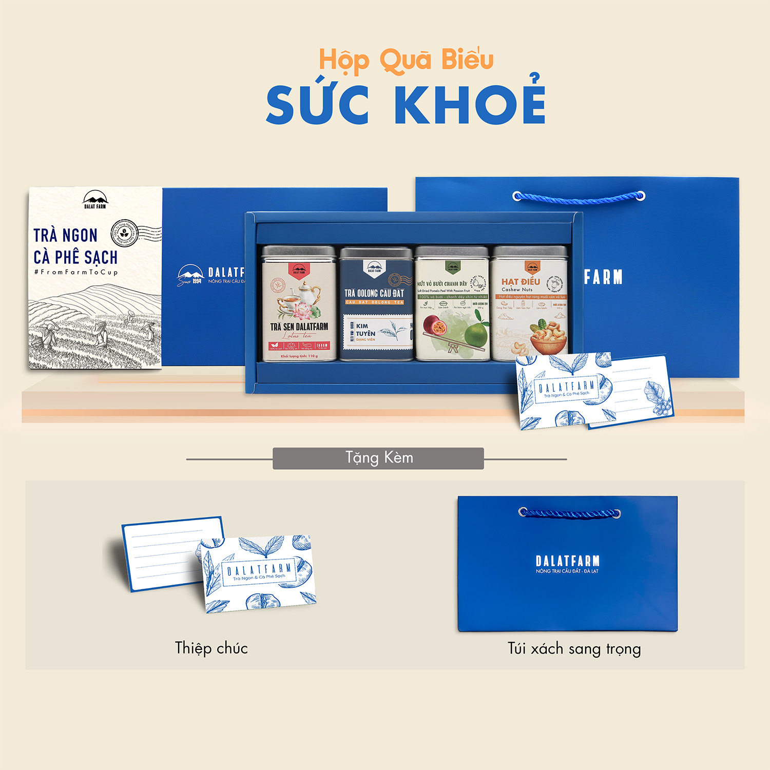 Hộp Quà Sức Khoẻ (Trà Oolong - Trà Sen - Mứt Vỏ Bưởi Chanh Dây - Hạt Điều Rang Muối)