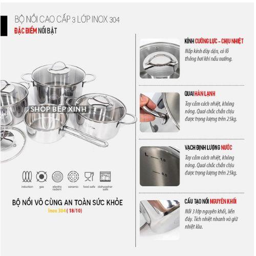 BỘ NỒI QUÁNH INOX 304 FIVESTAR 4 CHIẾC 3 LỚP ĐÁY LIỀN NẮP KÍNH