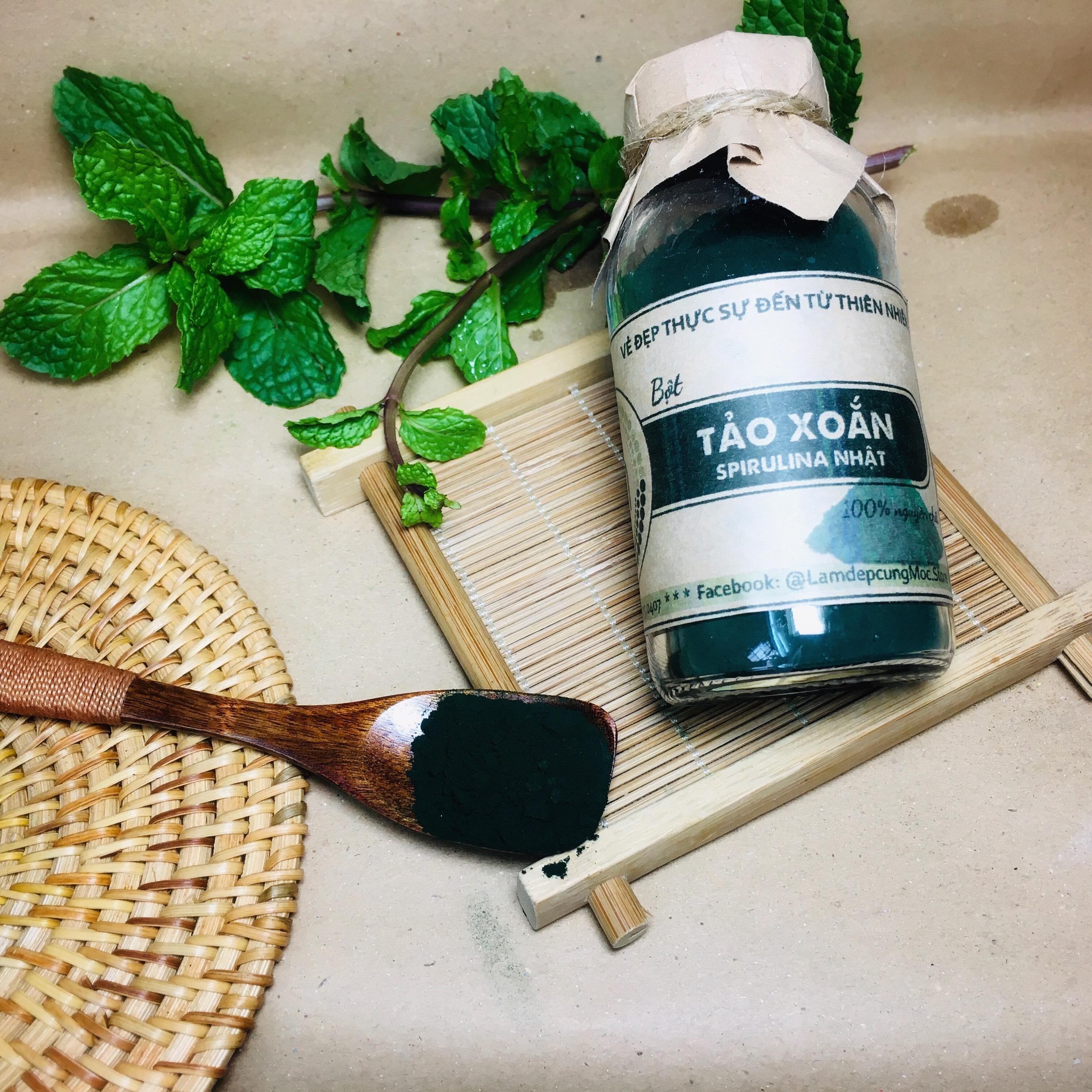 Bột mặt nạ Tảo Xoắn Spirulina Nhật bản MỘC nguyên chất dưỡng ẩm trắng da ngăn ngừa mụn làm mờ nếp nhăn túi 10g, 30g và chai 100ml (70g)