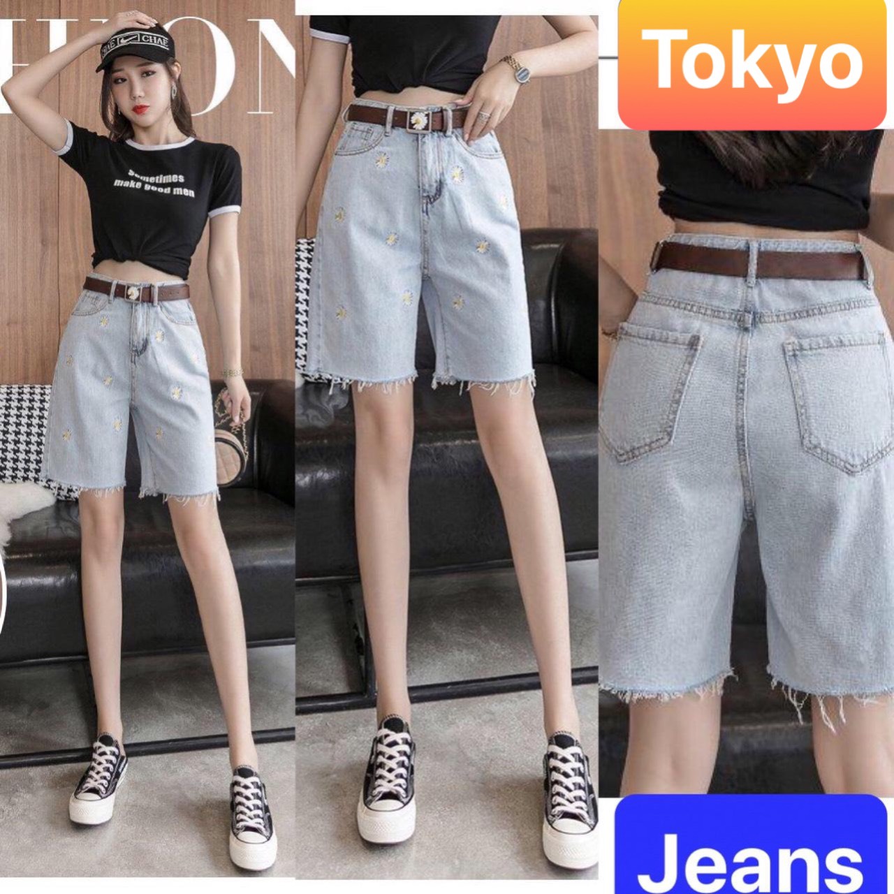 QUẦN SHORT SỌT JEAN LỬNG KIỂU NGỐ RỘNG NỮ CHẤT BÒ XANH HOA CÚC NHẬT BẢN LƯNG CAO NÂNG MÔNG DB-224 - TOKYO FASHION