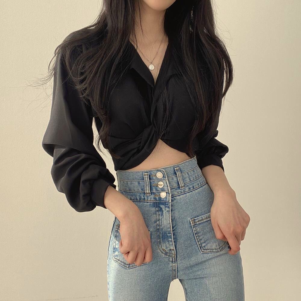 Áo Sơ Mi Xoắn Eo Tay Dài Trơn