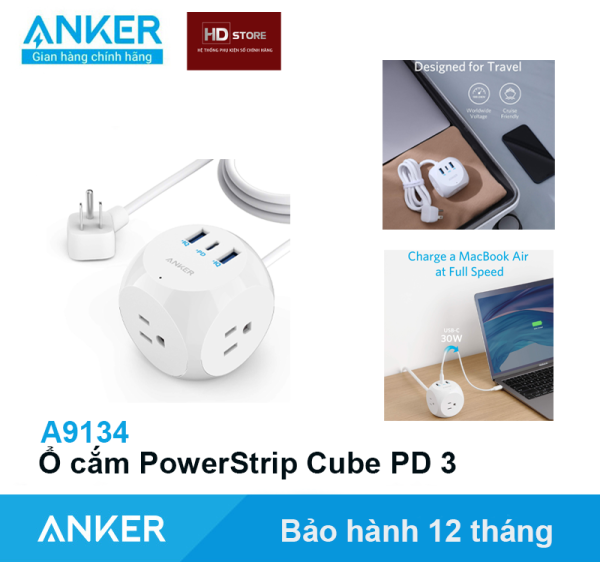 Ổ cắm điện  Anker PowerStrip Cube PD3 524 - A9134 Gồm 1 cổng sạc nhanh Type C 30W 2 Cổng USB và 3 Cổng AC