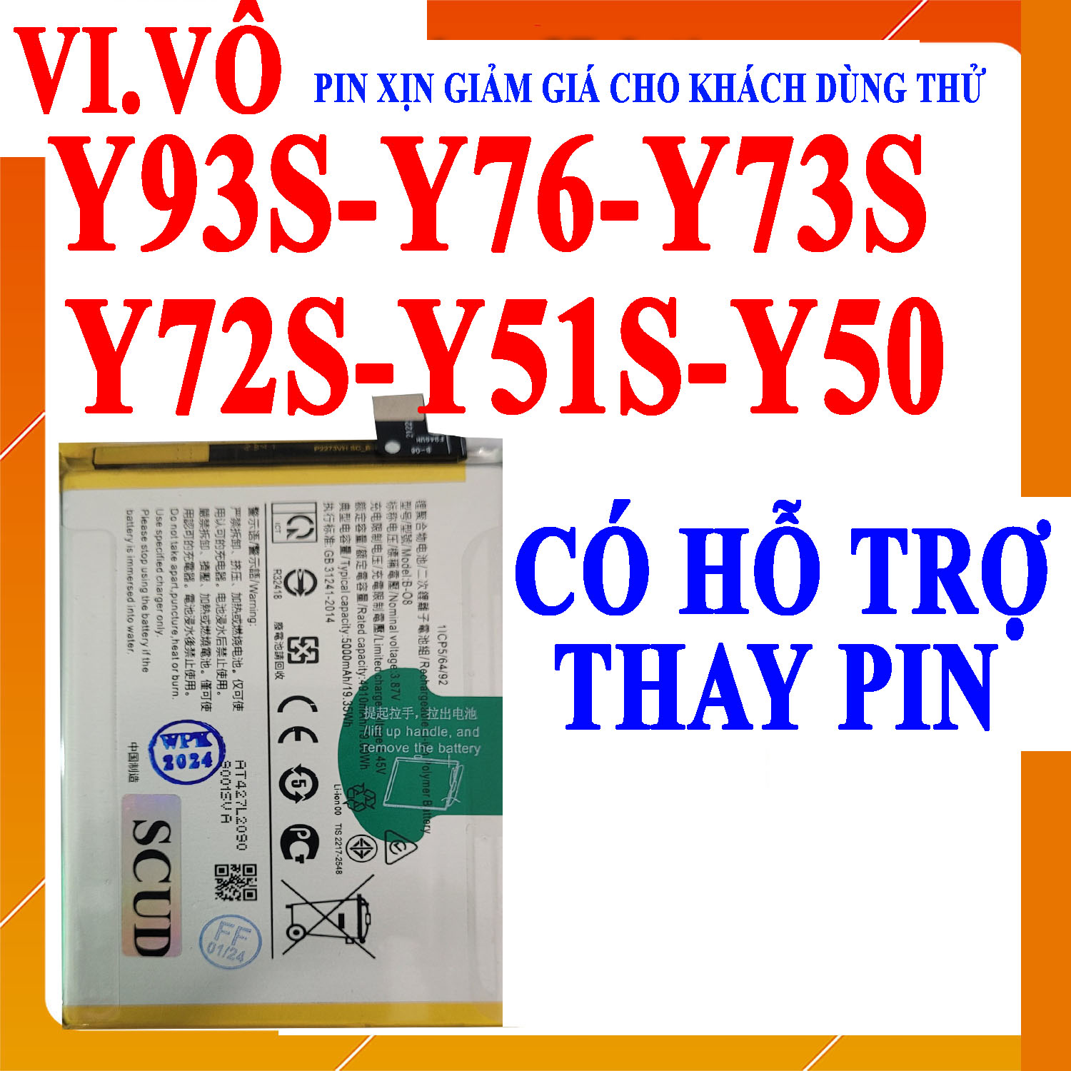 Pin scud dành cho vivo y72/vivo y51s/vivo y50/vivo y76/vivo y93s/vivo y73s b-o8 b-08 dung lượng 5000 mah