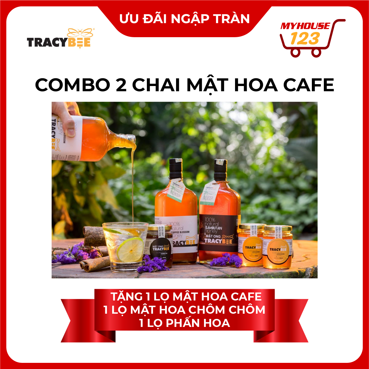 TracyBee-Combo 2 chai mật hoa cafe tặng 1 lọ mật hoa cafe+1 lọ mật hoa chôm chôm+1 lọ phấn hoa