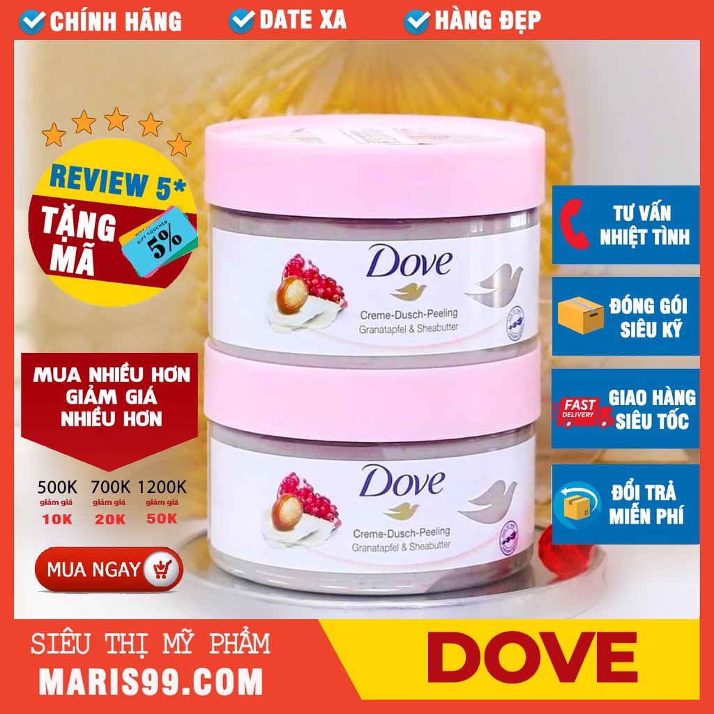 Dove Tẩy da chết , Tẩy tế bào chết body Dove Chăm Sóc Da Dưỡng Trắng Cấp