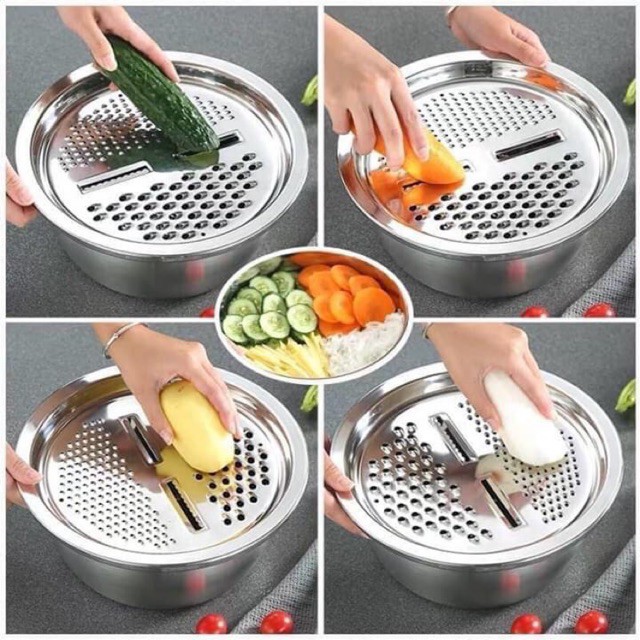Bộ Rổ Inox Kèm Nạo Rau Củ 3 Chi Tiết-Bộ rổ chậu kèm nạo đa năng tiện lợi-bộ rổ inox kèm nạo rau củ tiện dụng