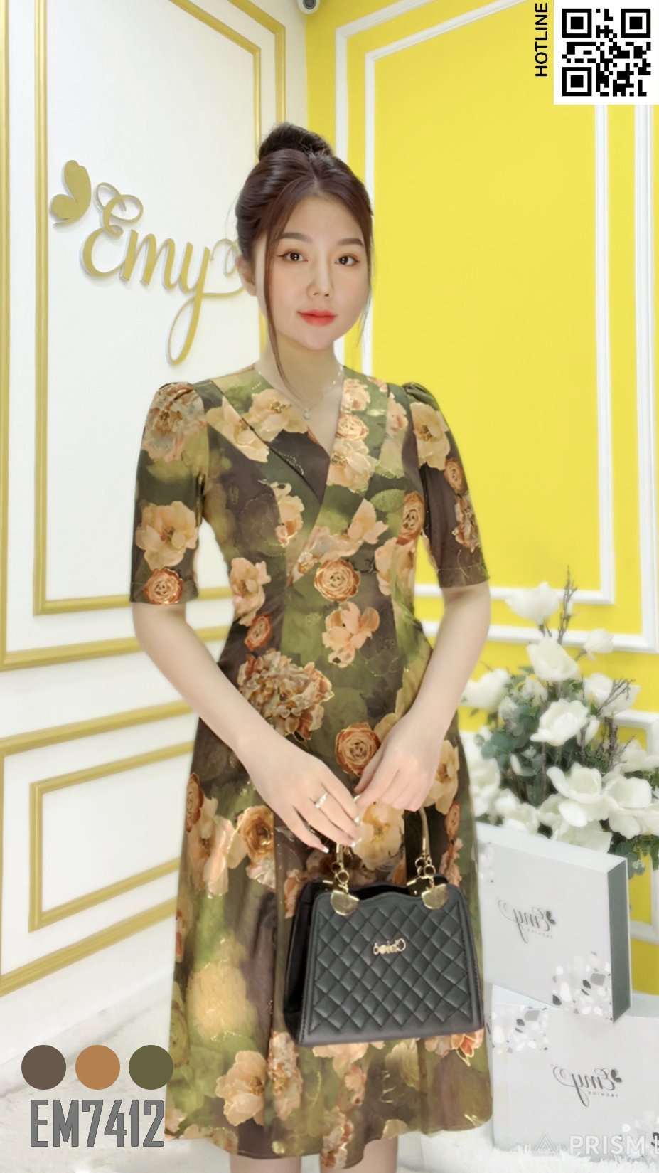 Đầm EMY EM7412 Xoè Cổ V Lụa Vân Pháp Xanh