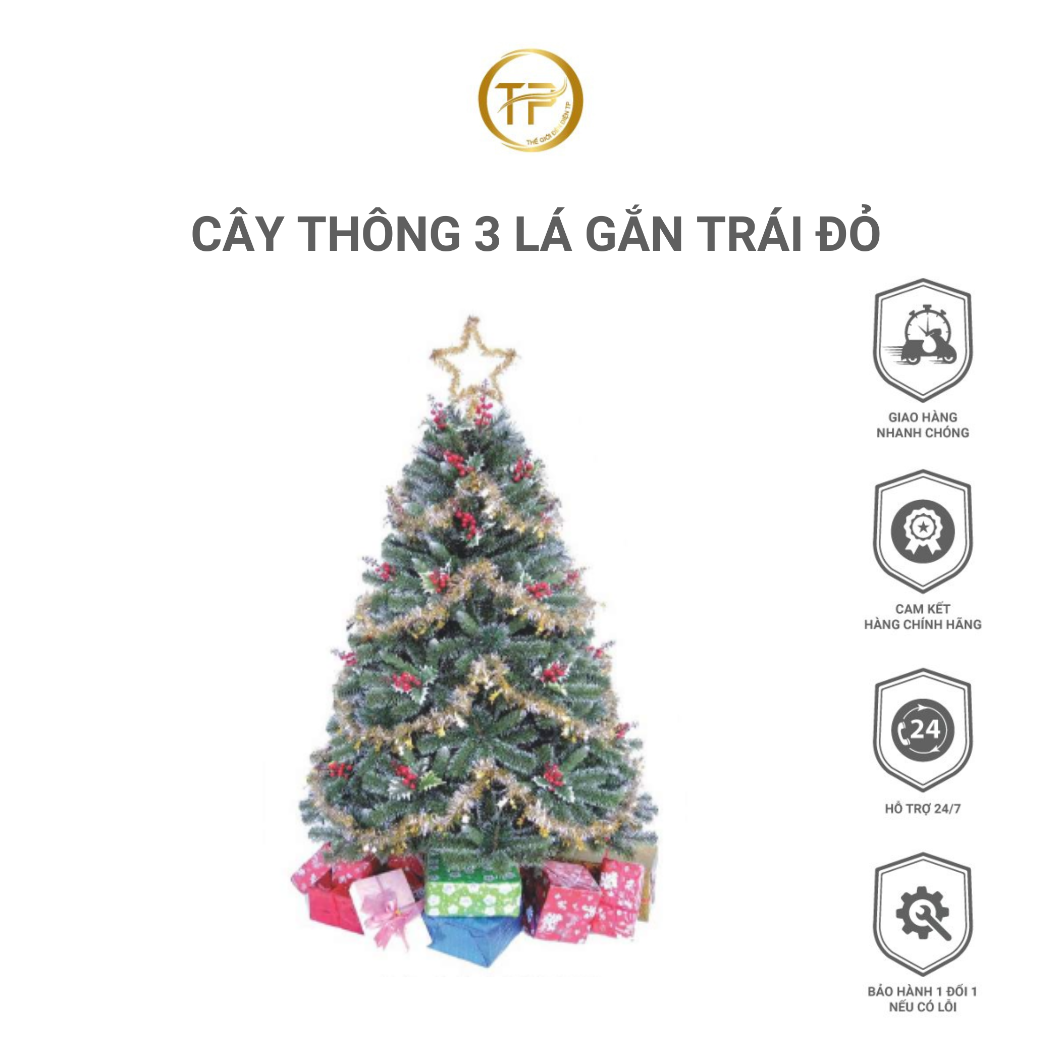 Cây thông 3 lá gắn trái đỏ đủ size, đủ mẫu mã