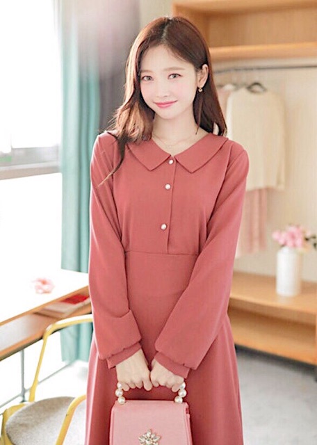 ĐẦM HỒNG RUỐC TAY DÀI, NÚT TRẮNG (có ảnh thật) MS135
