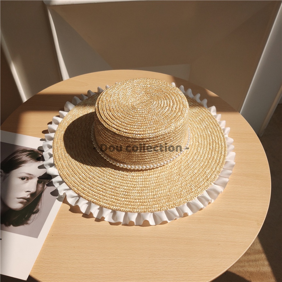 Nón cói rơm raffia sợi tự nhiên xếp ly ren phối dây hạt trắng chống nắng đi biển - mã nc024
