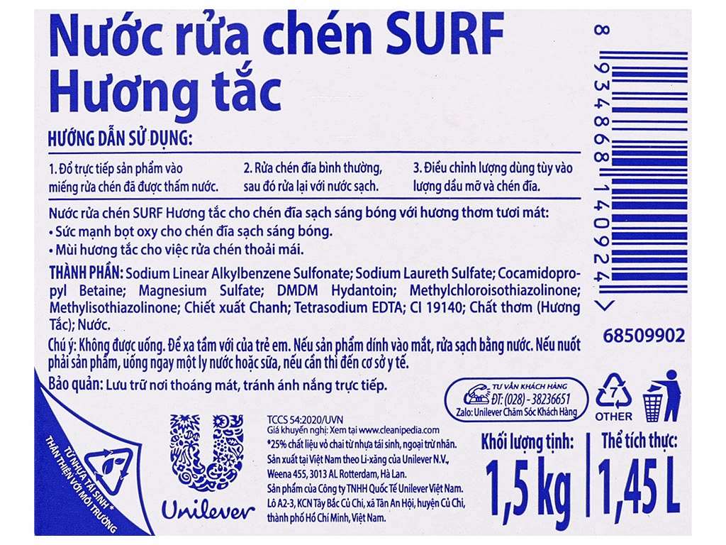 Nước Rửa Chén Surf Hương Tắc 1.5kg/Can