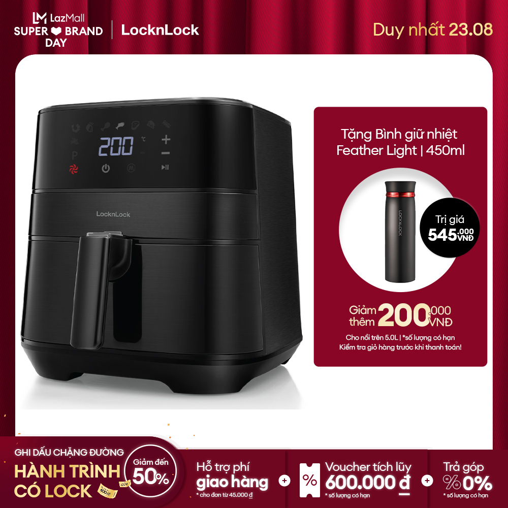 [Duy nhất 23.8 - Mua ngay] Nồi chiên không dầu Lock&Lock cao cấp EJF284BLK 5.5L - 8 chế độ nấu, Công nghệ đối lưu 360° , Màu đen - Hàng Chính hãng - bảo hành 2 năm