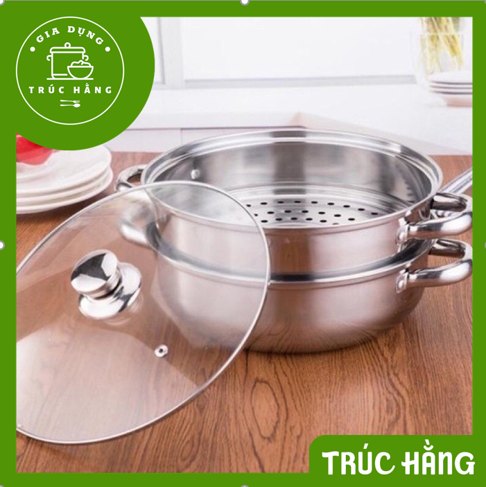 Nồi hấp 2 tầng nắp kính inox 28cm- Xửng hấp bánh bao