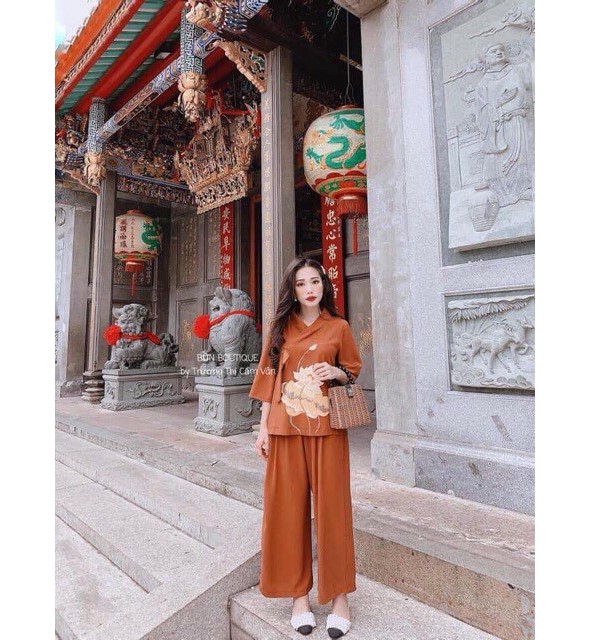 [HCM]SET ĐỒ LAM ĐI CHÙA PHỐI HOA THÊU CAO CẤP