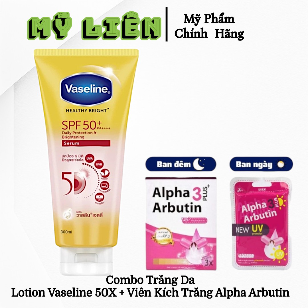 combo Sữa dưỡng ẩm Vaseline 50x & vỉ Alpha Arbutin