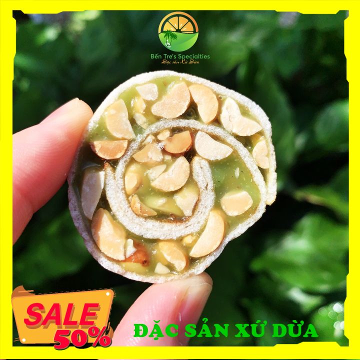 [100G] Kẹo dừa cuộn đậu phộng bánh tráng Kiên Long/Vị dứa xanh- đồ ăn vặt