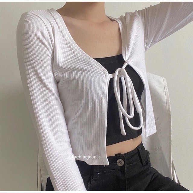 Set Áo 2 Món Khoác Cardigan Tay Dài Cột Nơ ( Kèm Áo Ống )