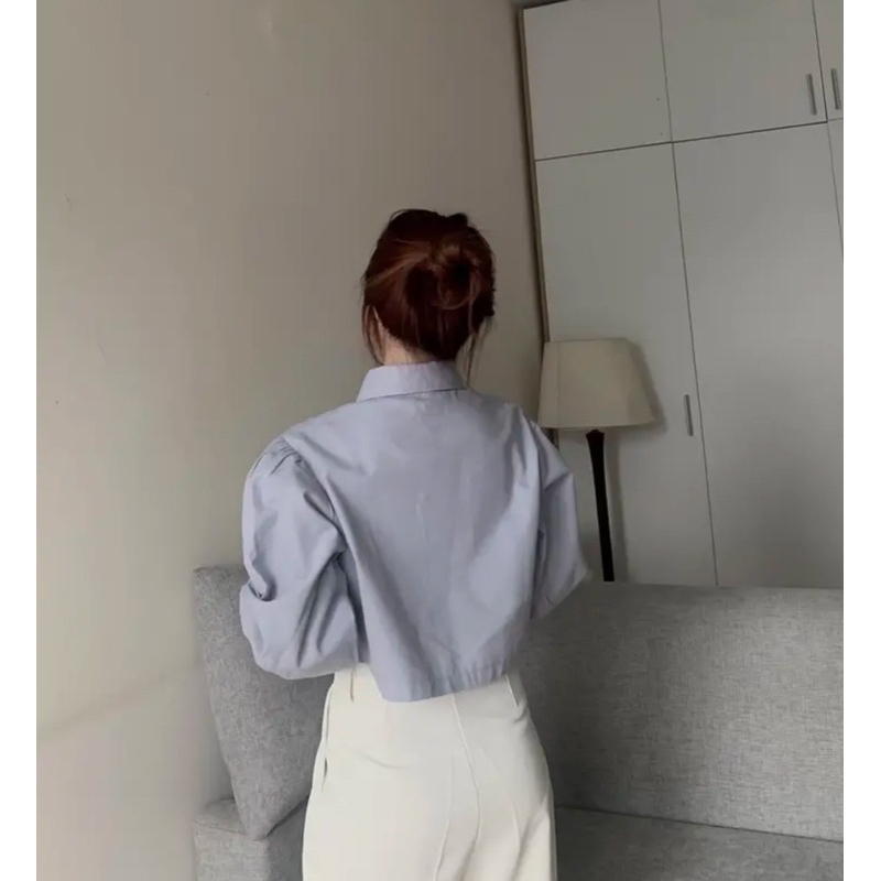 áo sơ mi croptop 2 màu xanh trắng