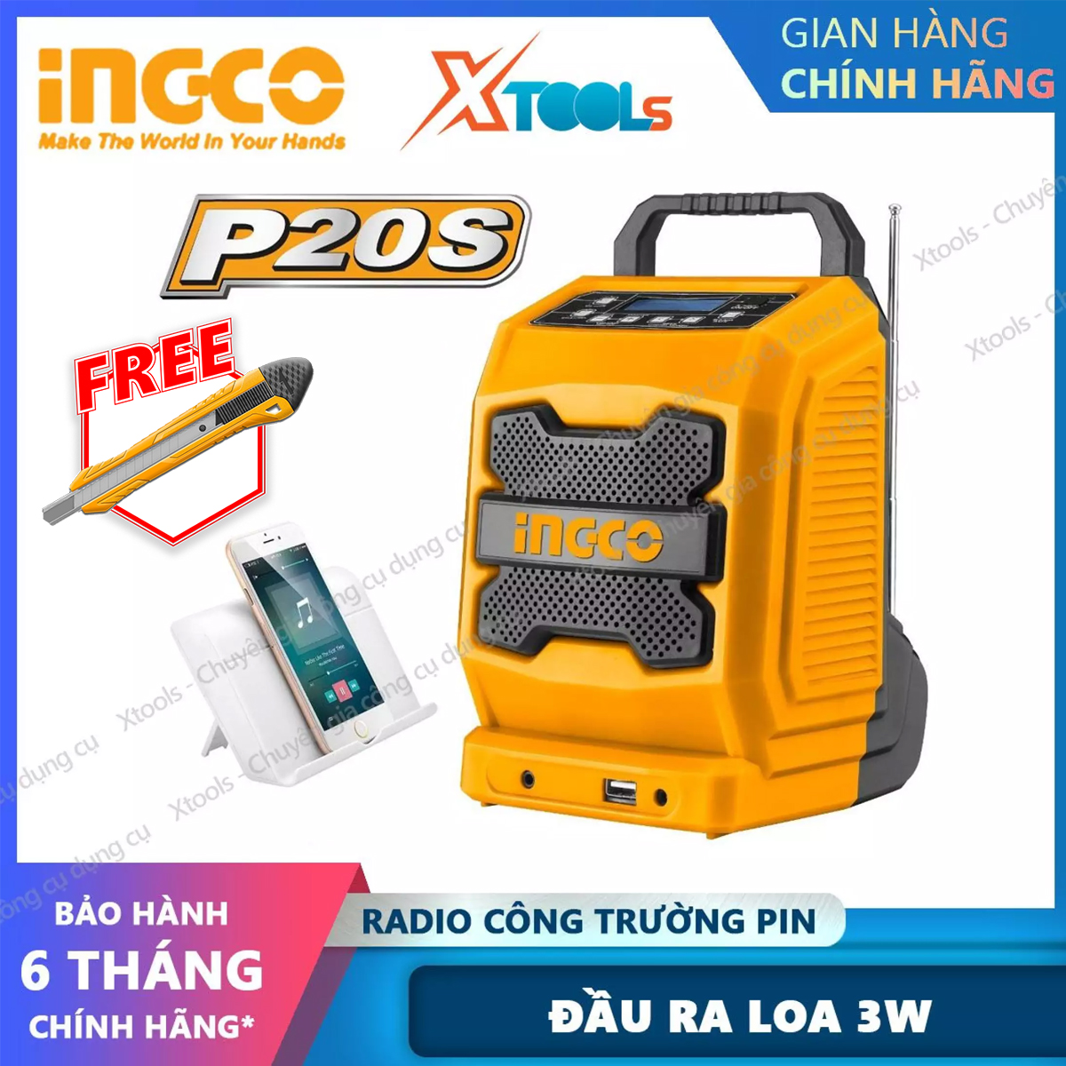 Radio site used lithium battery 20V ingco CJRLI2001 radio handheld handle accessories 3,5mm. Speaker output 3W Bluetooth 4.0. Not include battery and charger
