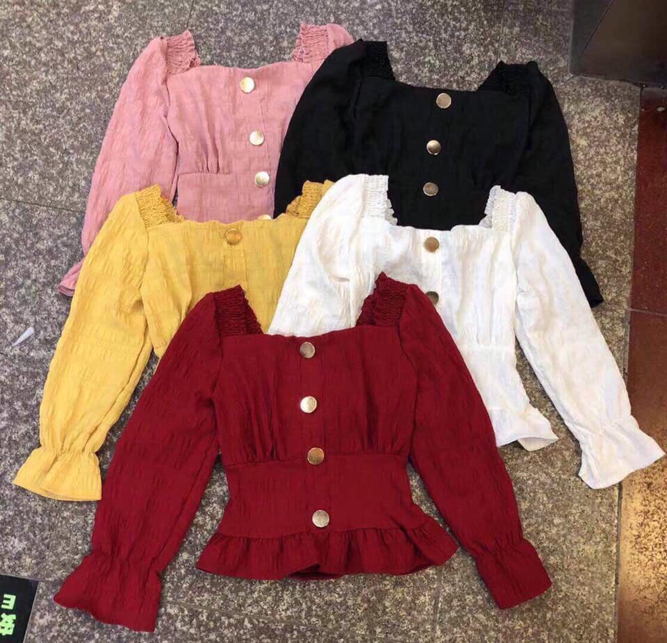 Áo voan cổ vuông kiểu tay dài đính nút xinh xắn TTSLA0015( tts0854)