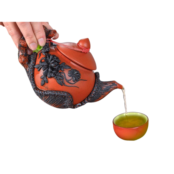 Bộ ấm chén gốm Tử Sa Bát Tràng đắp nổi hoa Phù Dung