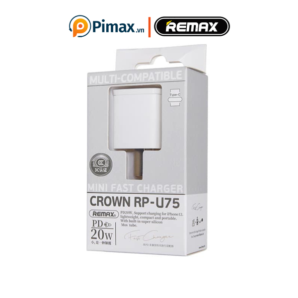 Củ sạc Remax U75 hỗ trợ nhanh chuẩn PD 20w - Adapter iphone chính hãng - Pimax Store