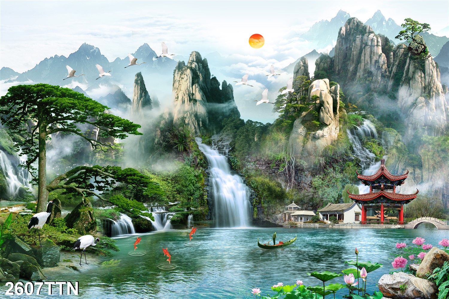 TRANH DÁN TƯỜNG 3D SƠN THỦY HỮU TÌNH, TRANH PHONG CẢNH THIÊN NHIÊN NÚI NON THƠ MỘNG, TRANH THÁC NƯỚC ĐẸP YAN