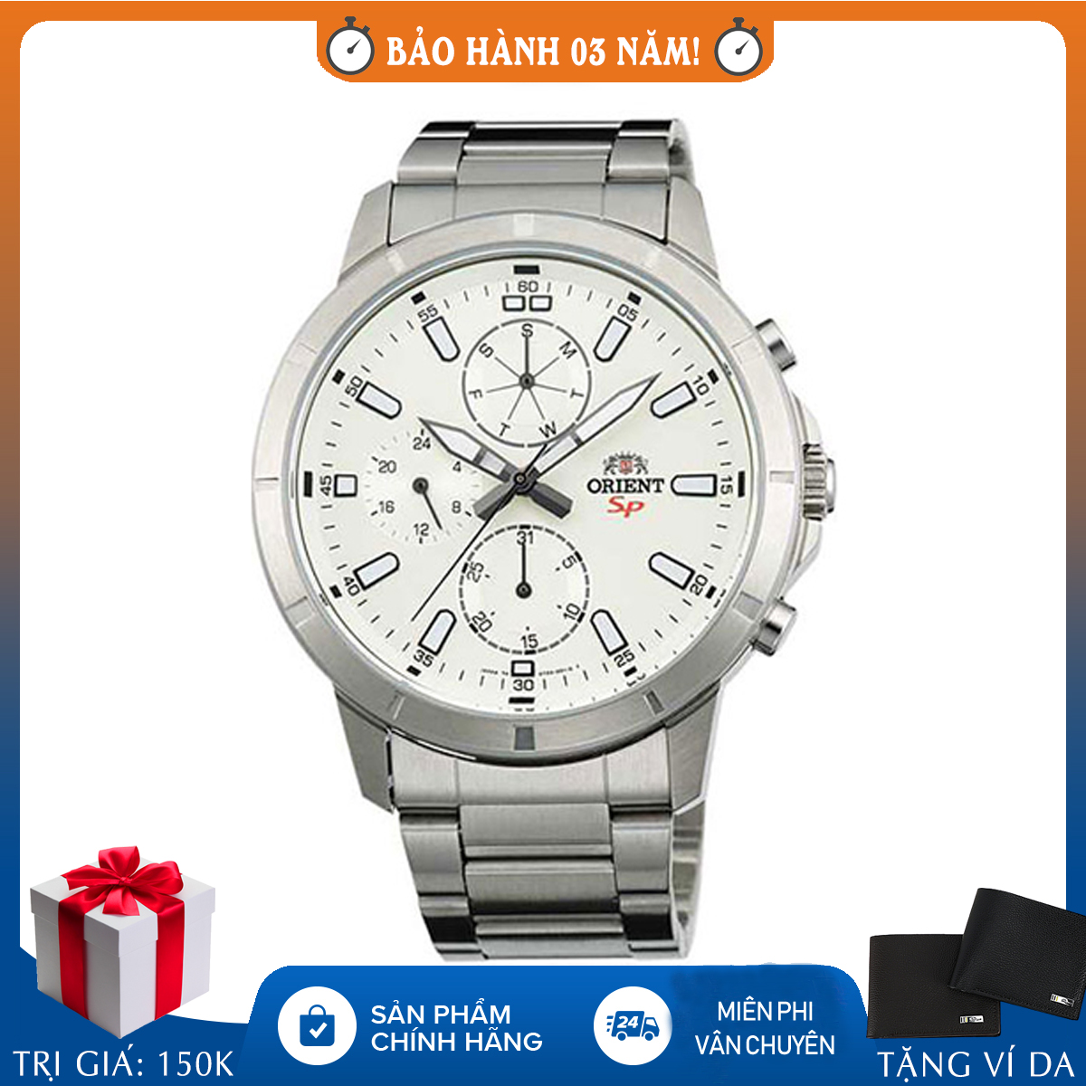 Đồng hồ nam chính hãng Orient FUY03002W0, full box, dây kim loại, chống nước 5ATM