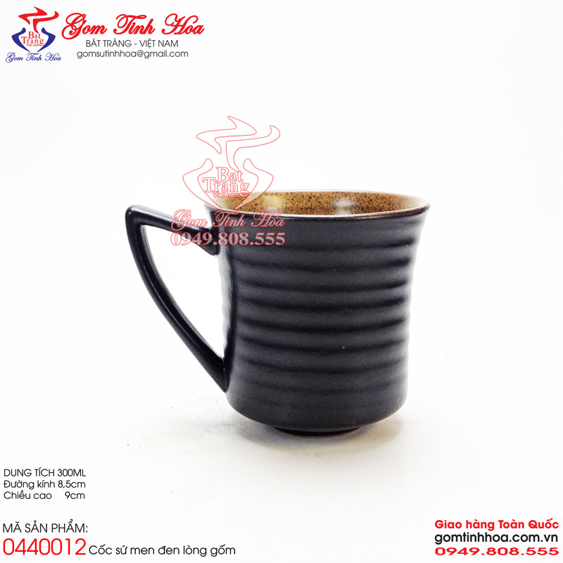 Ly cốc cafe quai vếch men đen lòng gốm