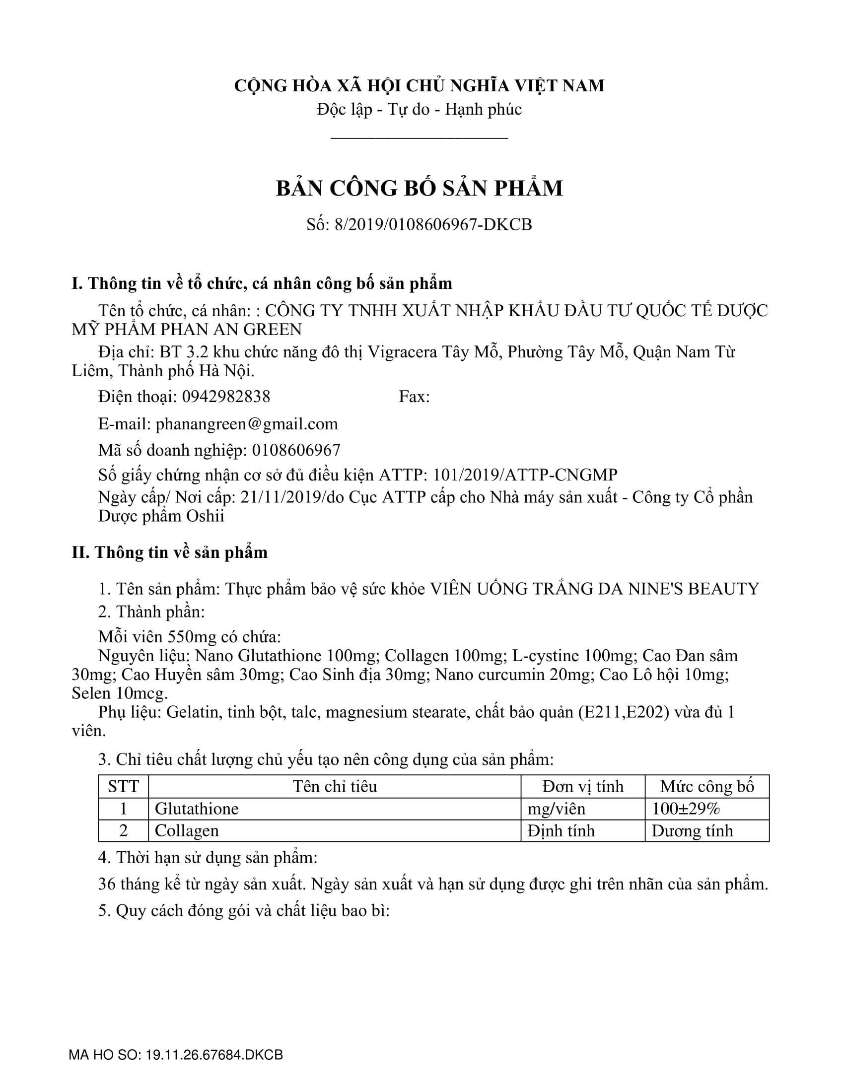 Viên uống trắng da Nine's Beauty
