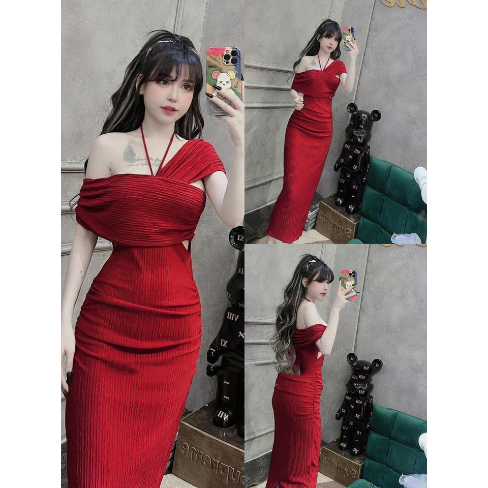 Đầm xốp lệch vai dáng dài ôm body siêu hot