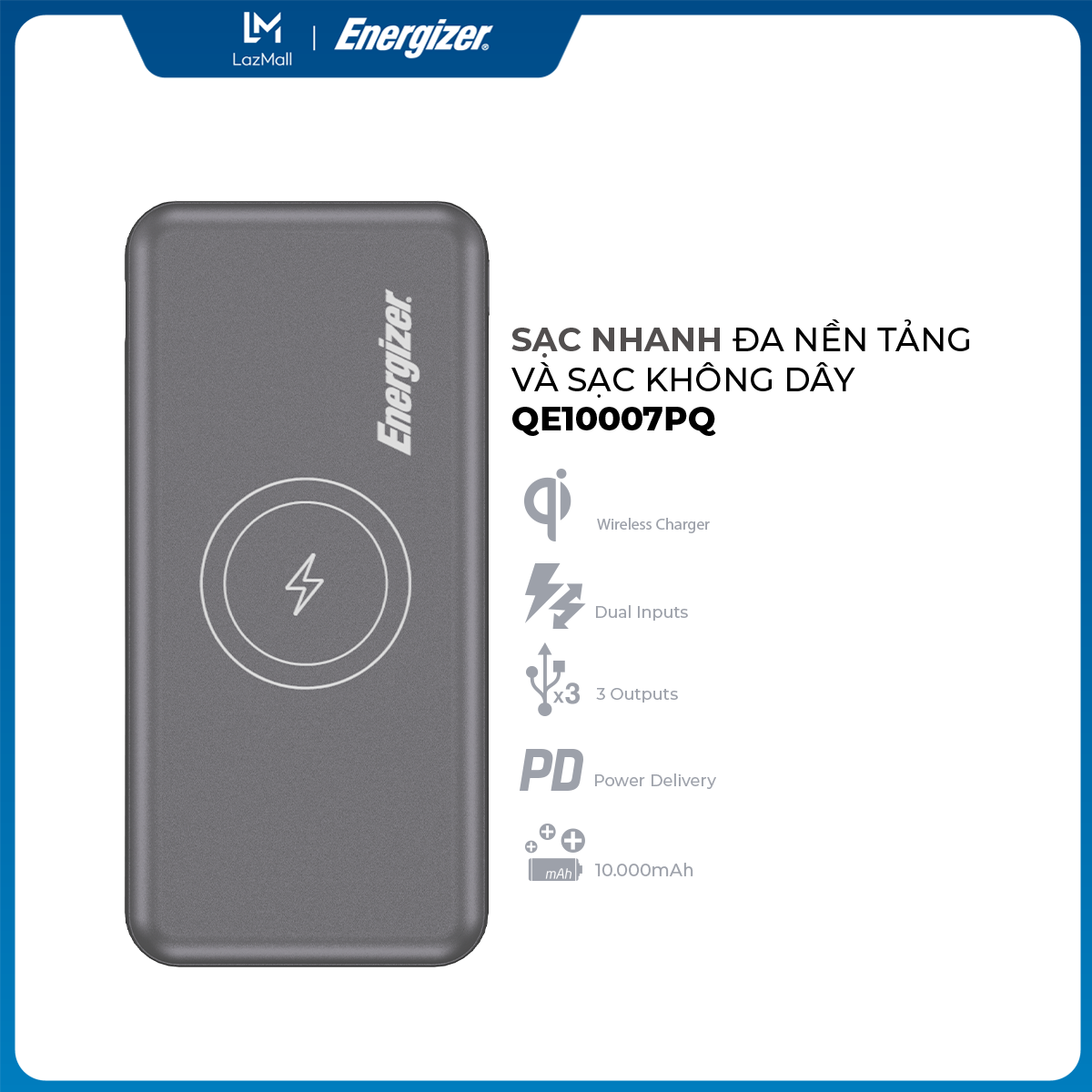 Sạc dự phòng Energizer 10,000mAh /3.7V Li-Polymer - QE10007PQ -...