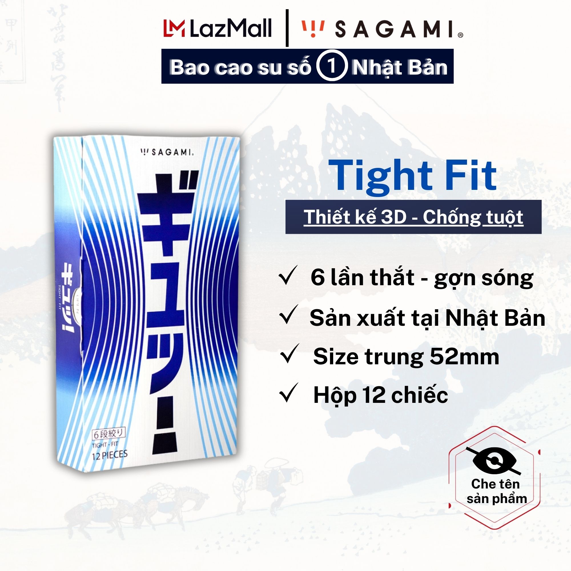 Bao cao su Sagami Tight - Fit (Hộp 12 chiếc) - Thiết kế 3D đặc biệt lượn sóng 6 lần - baocao su 3D