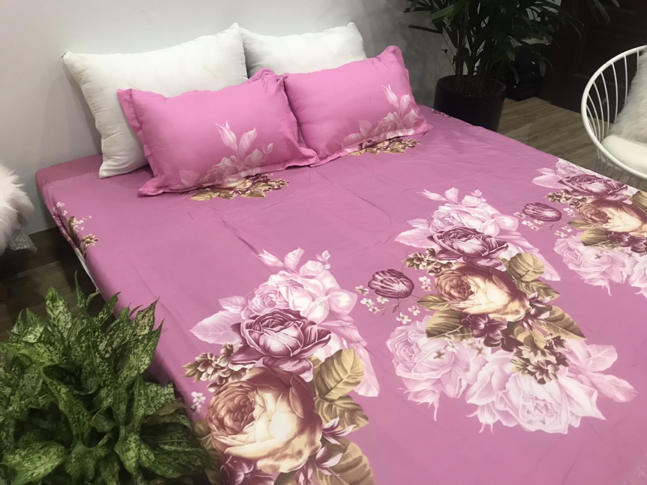 Set Ga Gối Cotton Poly Mẫu Trà Hồng p2 ( gồm 1 ga + 2 vỏ gối )
