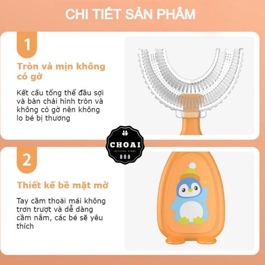 Bàn Chải Đánh Răng Trẻ Em Chữ U Hoạt Hình Chim Cánh Cụt 2-6 tuổi Chất Liệu Silicon Thực Phẩm Siêu Mềm Cao Cấp 360 Độ Ôm Sát Hàm Răng An Toàn Cho Bé, Giúp Trẻ Thích Đánh Răng