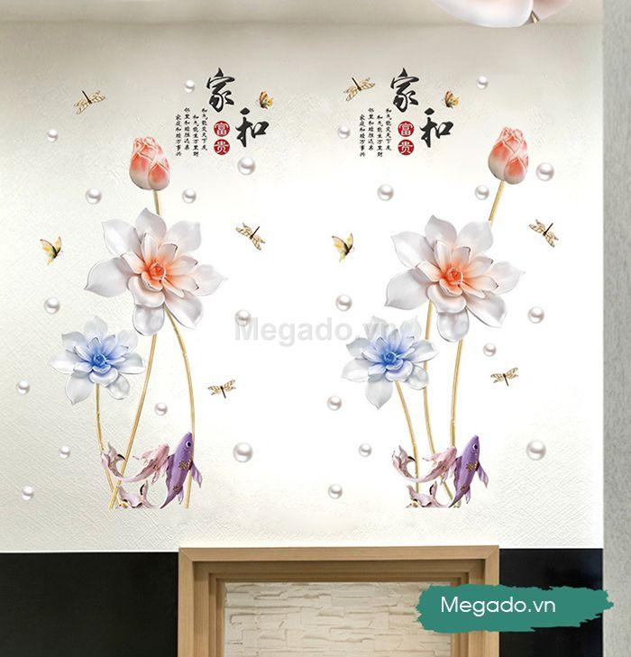 decal dán tường sen 3D nổi