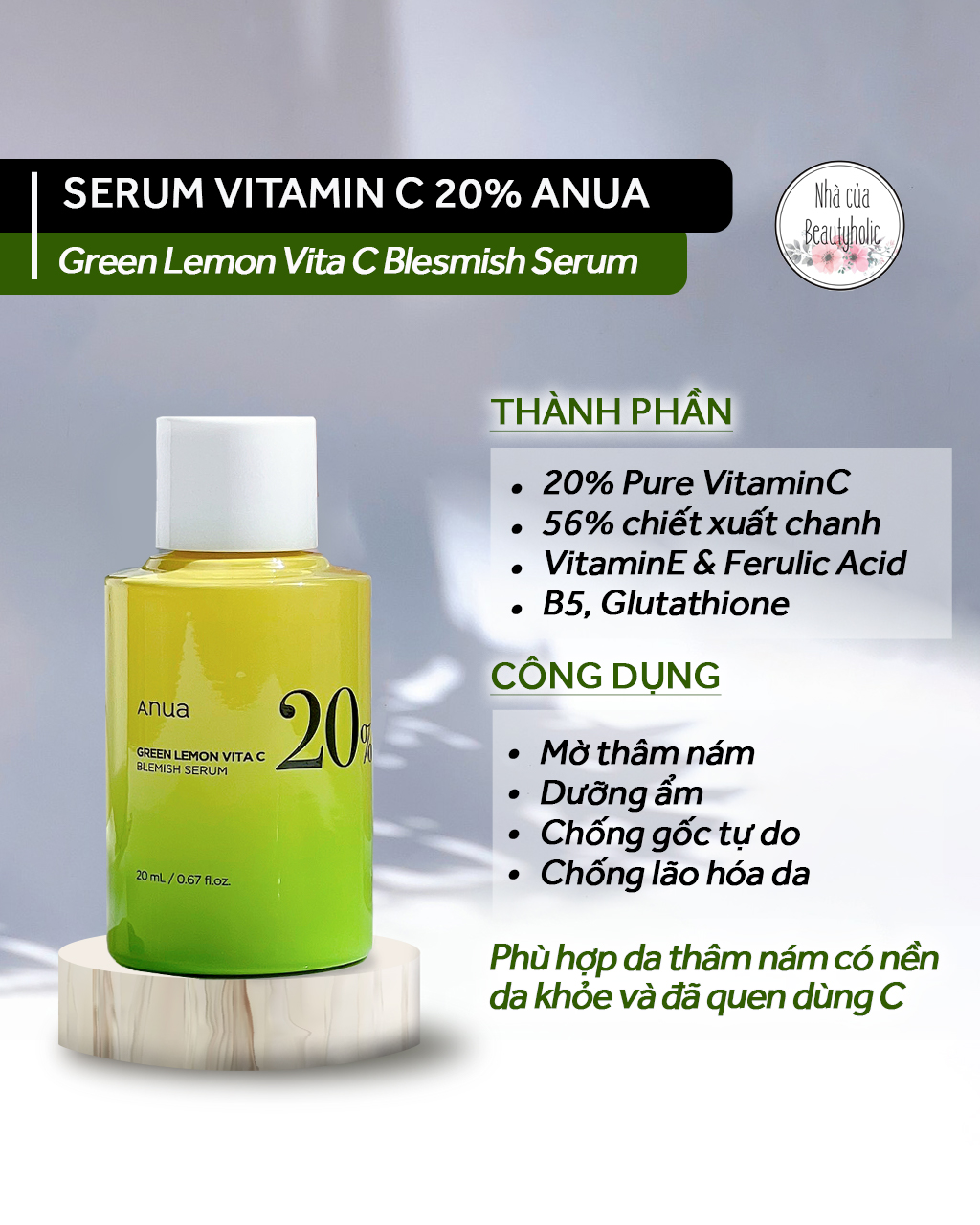 Serum dưỡng trắng vitaminc 20% anua green lemon vita c blemish serum