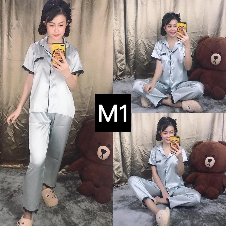 [HCM]Set Đồ Bộ Nữ Pijama Tay Ngắn Quần Dài Phi Lụa Phối Ren Đen Siêu Sang