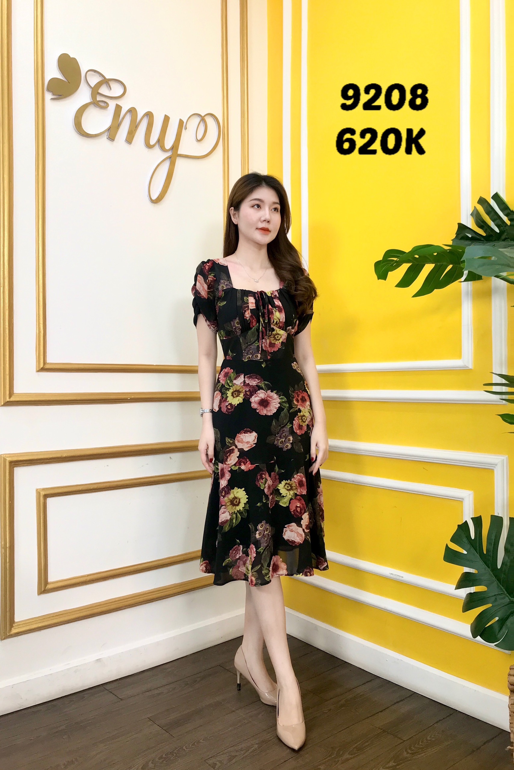 Đầm EMY EM9208 Xòe Hoa Cổ Vuông